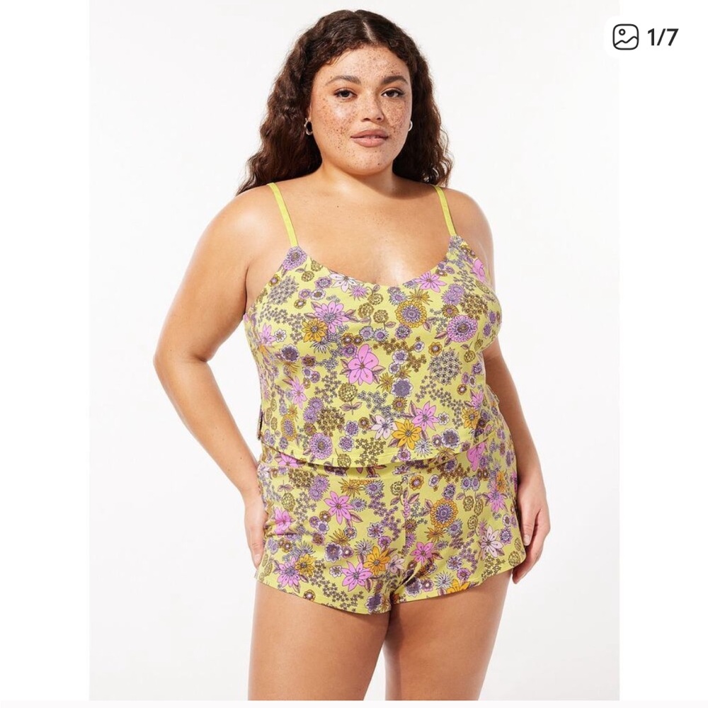 Savage X Fenty Cotton Floral Lounge Set Yellow Rihanna Plus Size Pajamas